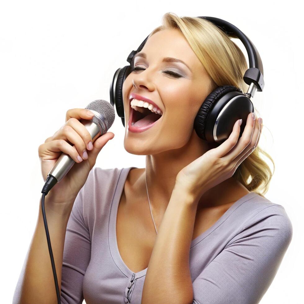 A woman singing into a microphone with headphones photo