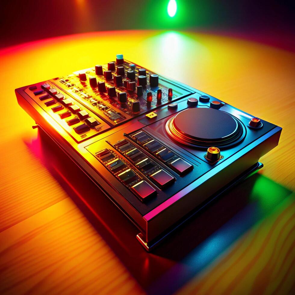 Dj mixer on a wooden table with colorful lights photo