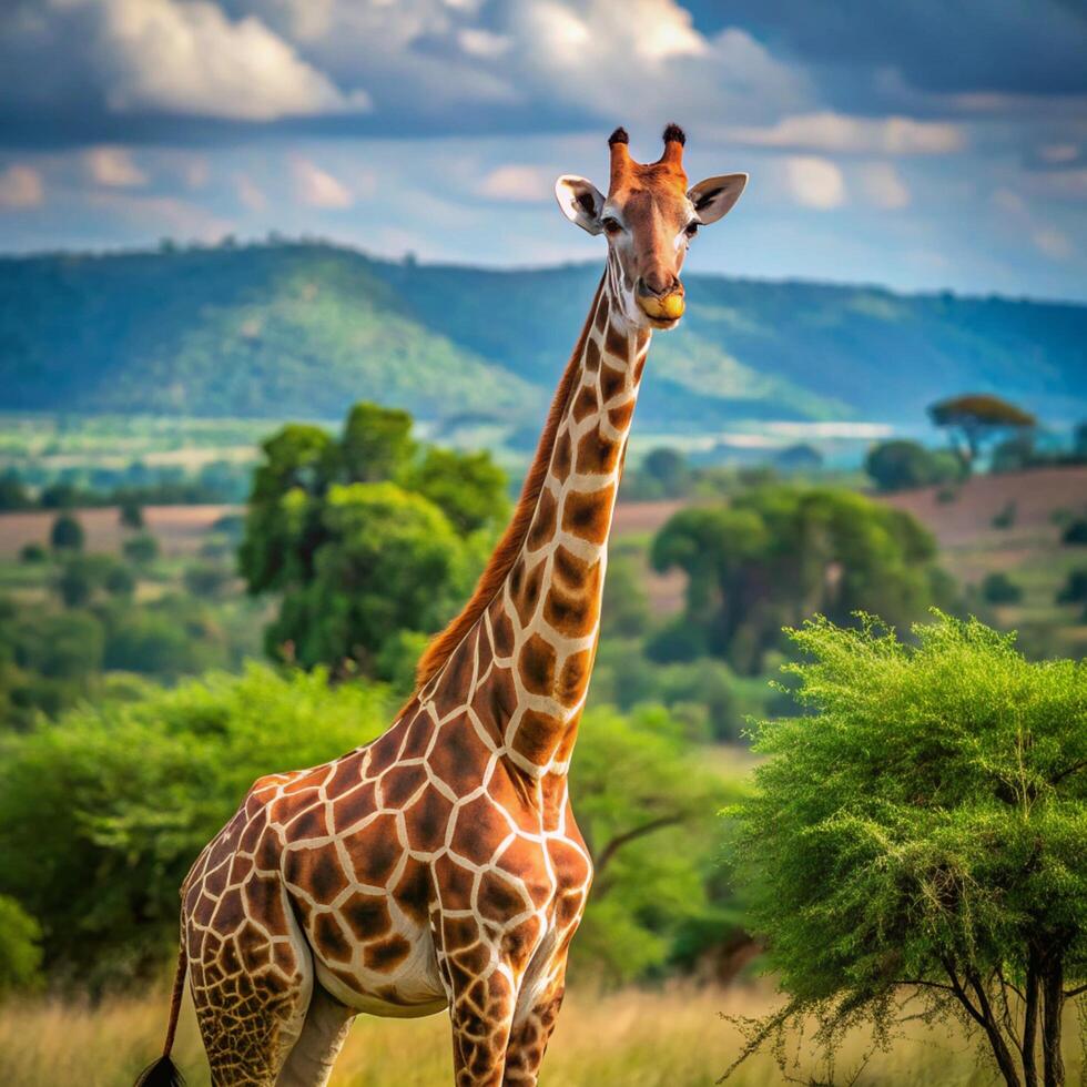 A giraffe standing in a field photo