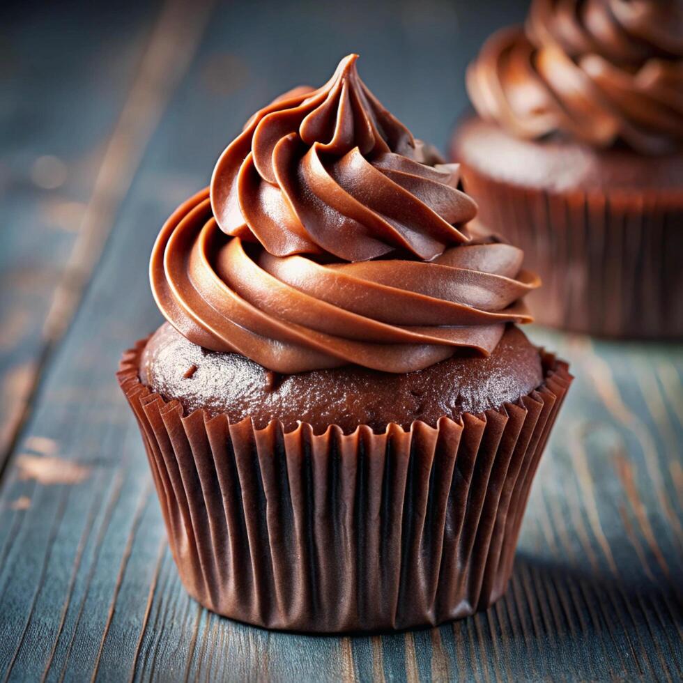 Chocolate cupcakes on a wooden table photo