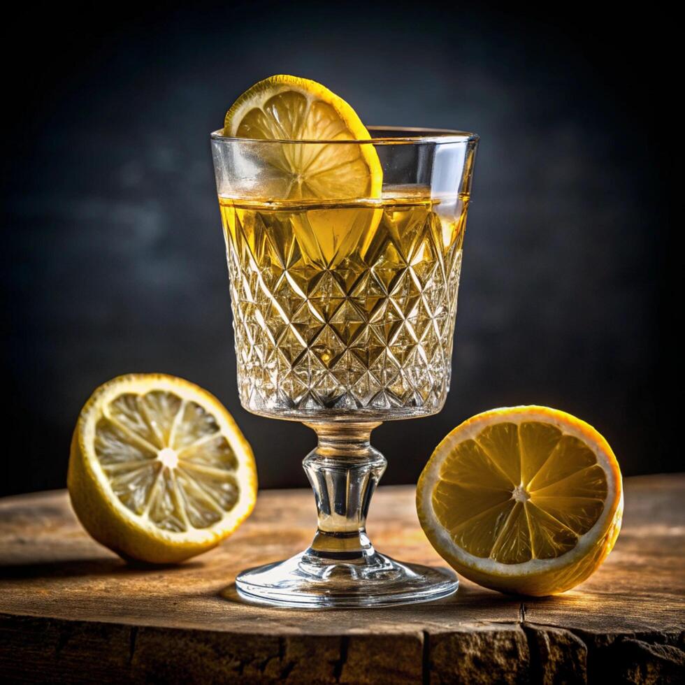 A glass of whiskey with lemon slices on a wooden table photo