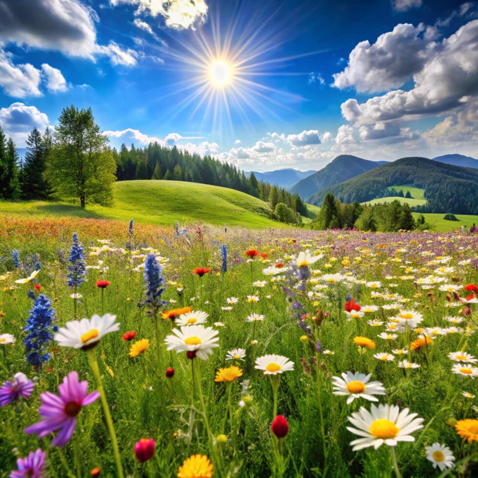 Beautiful summer meadow with wild flowers and sun in the sky photo