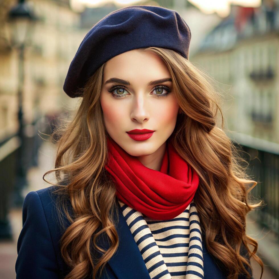 Beautiful young woman with red scarf and beret photo