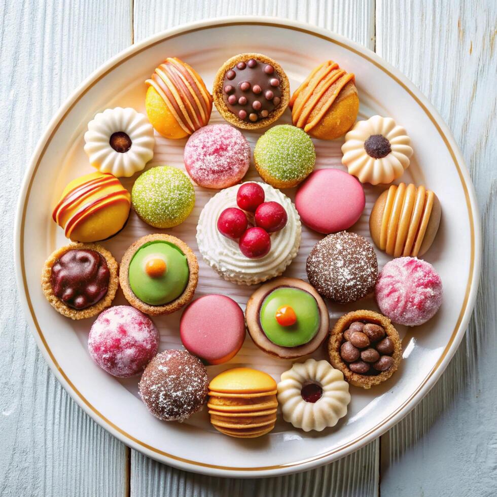 A plate of assorted pastries on a wooden table photo