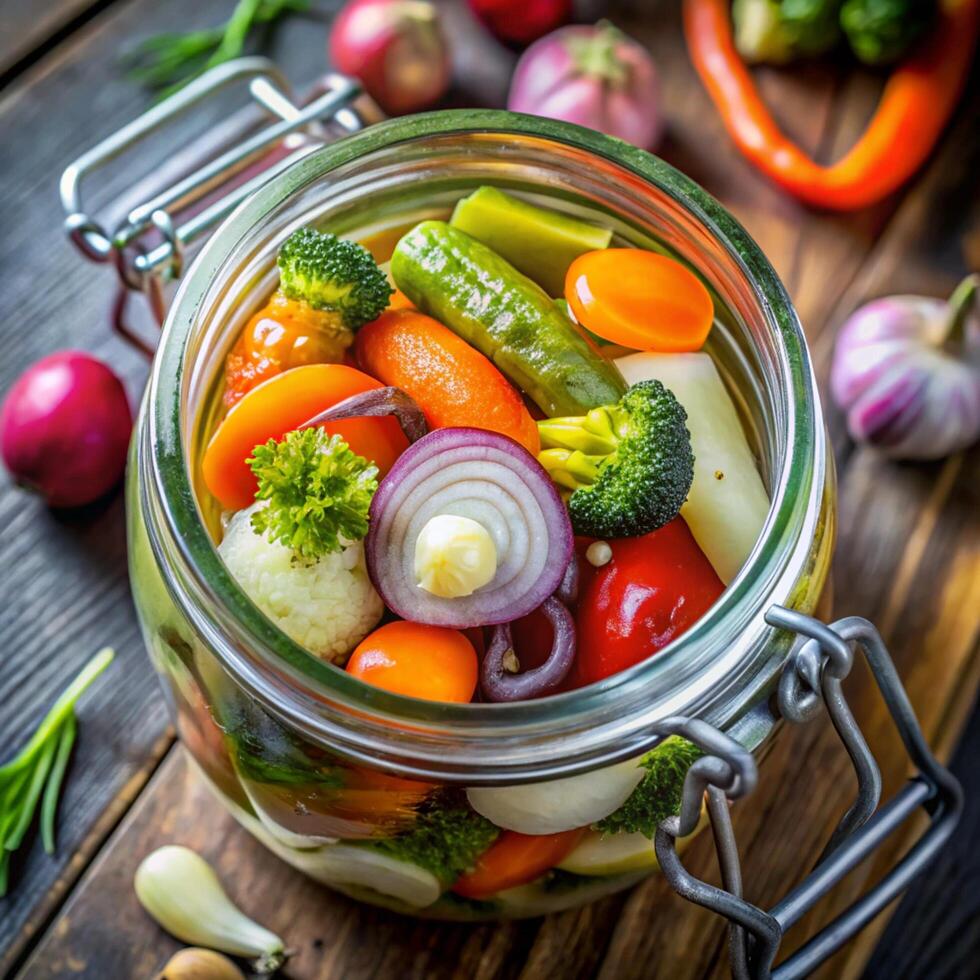 A jar filled with vegetables and herbs photo