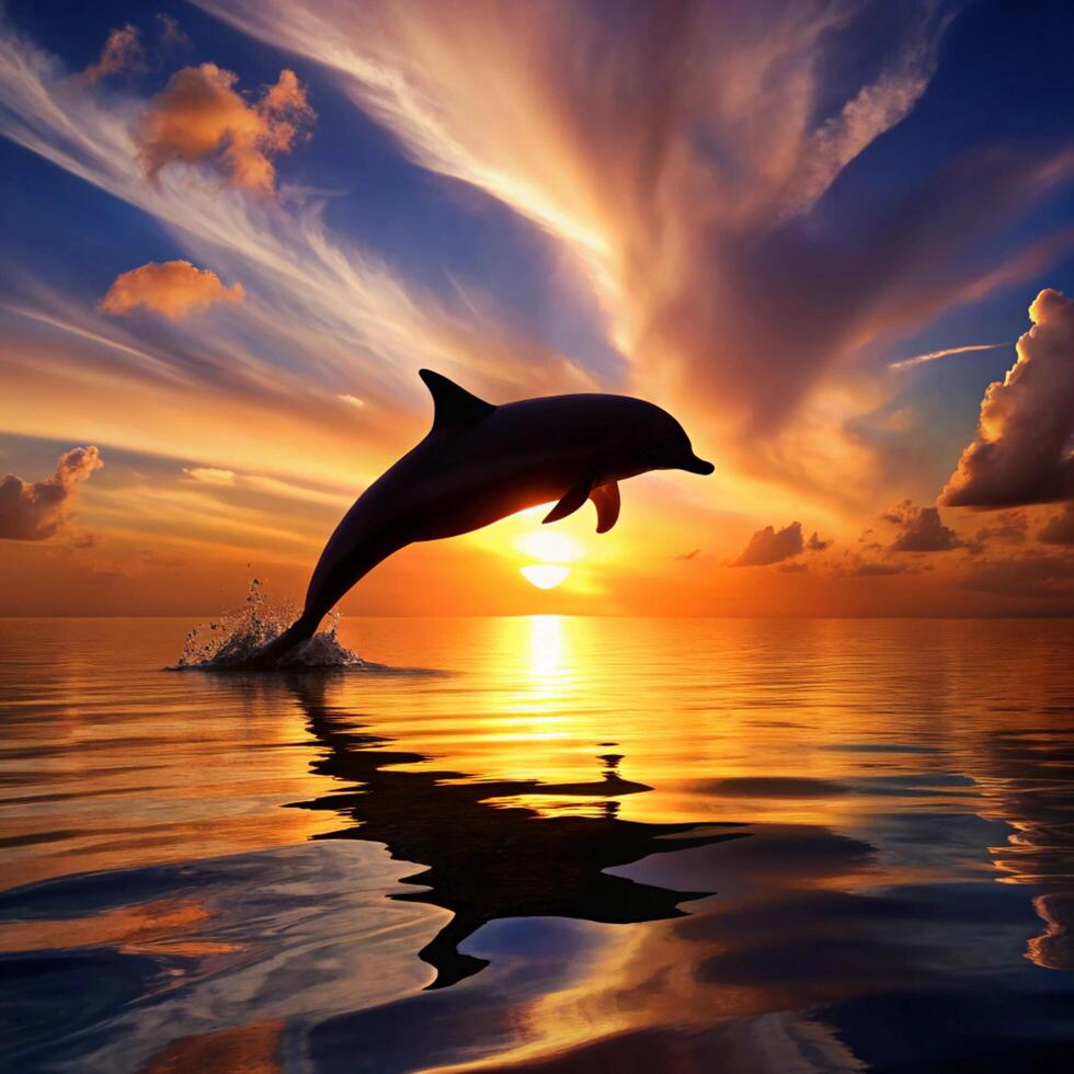 Dolphin jumping out of the water at sunset photo