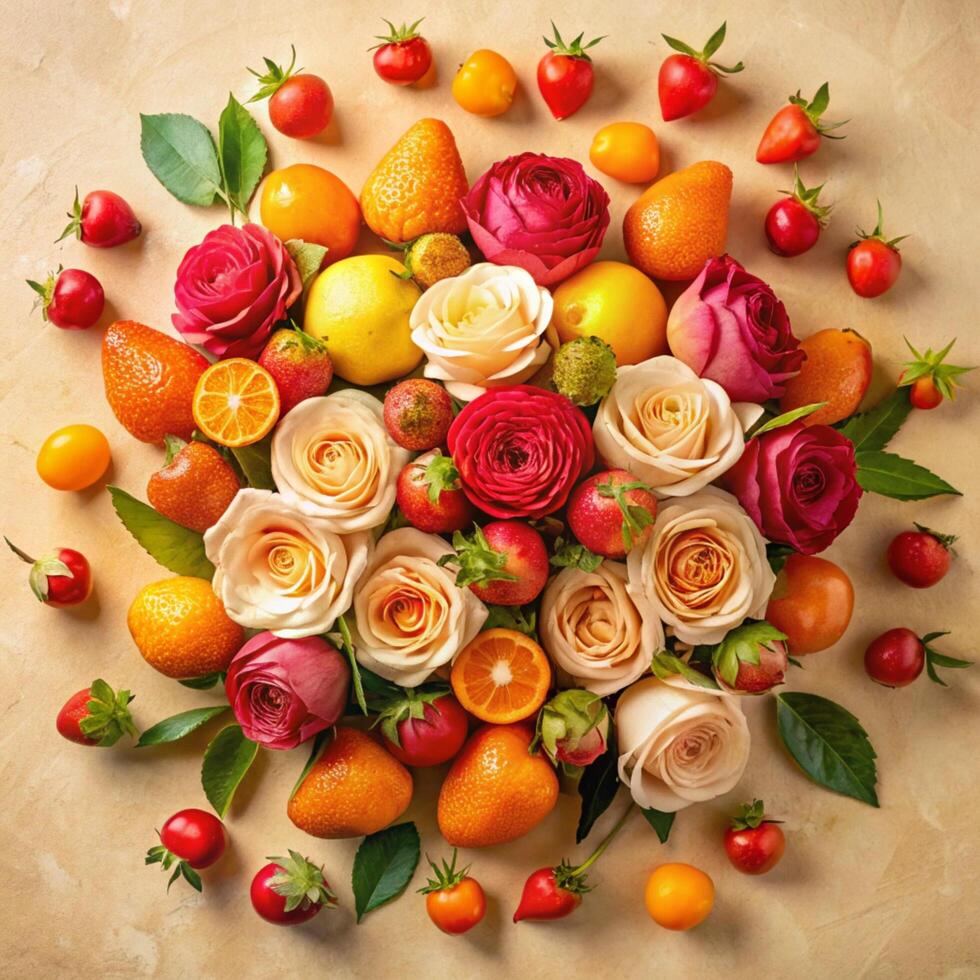 A bouquet of roses, oranges, and strawberries arranged in a circle photo