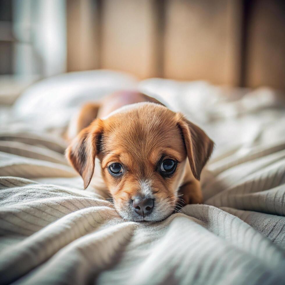 A small brown and white dog laying on a bed photo