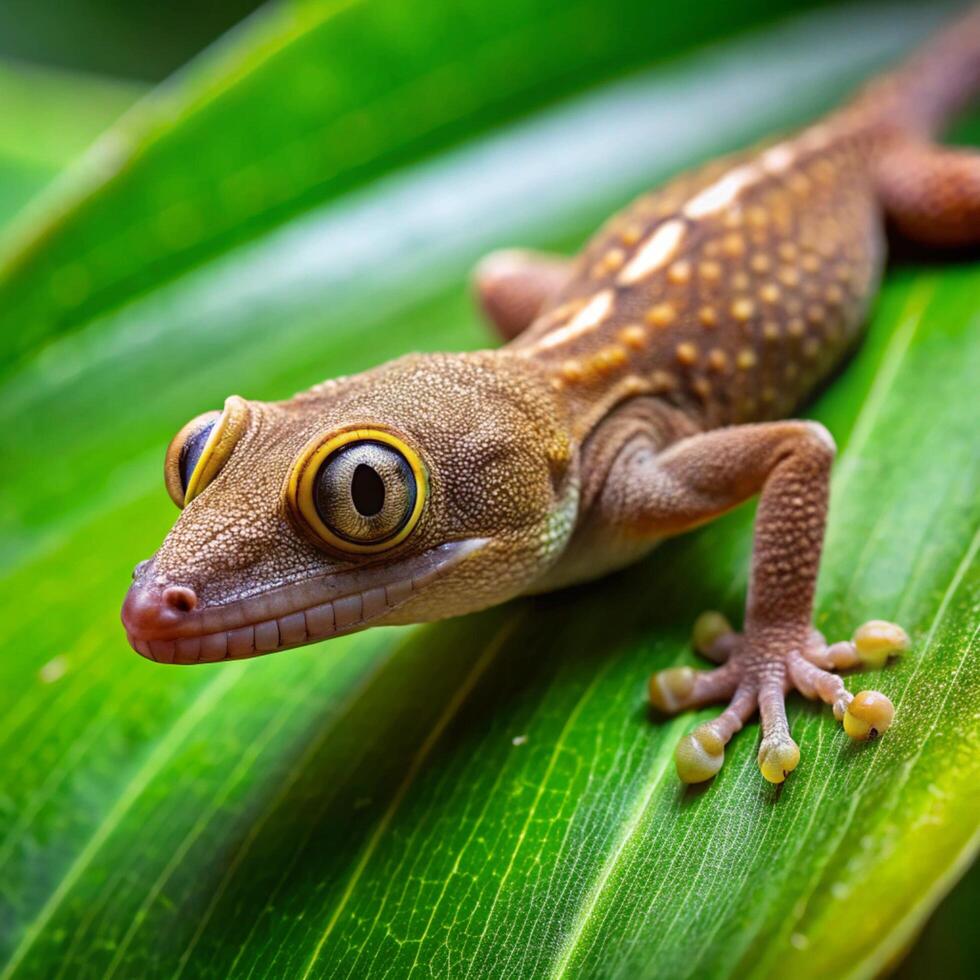 A geckole is sitting on a leaf photo