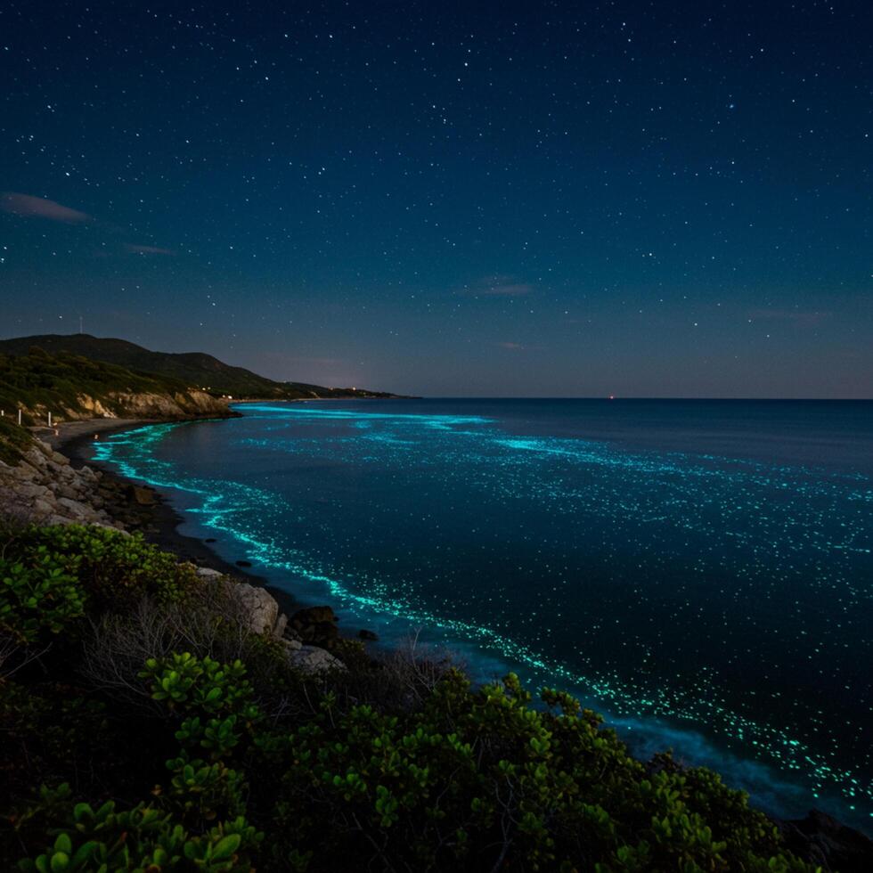 The night sky is filled with stars and the ocean is filled with glowing blue algae photo