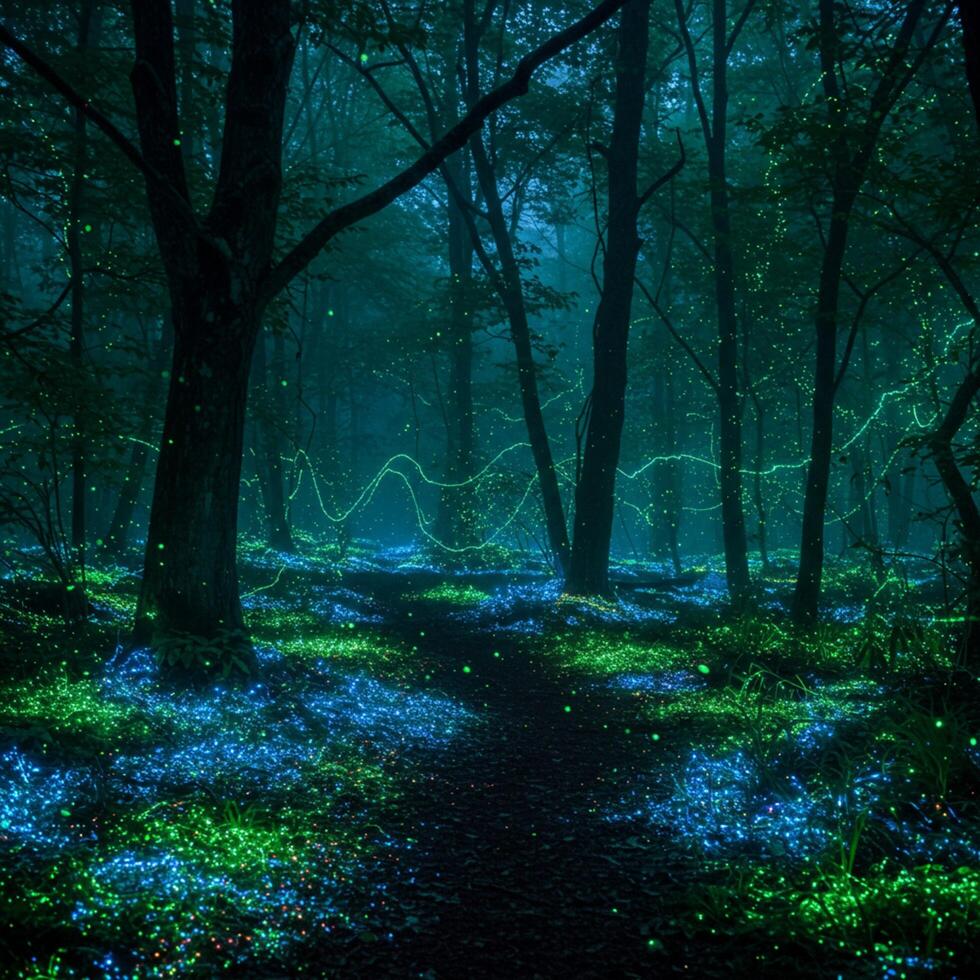 A forest with glowing green lights in the trees photo