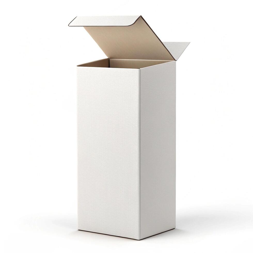 White cardboard box with lid open on white background photo
