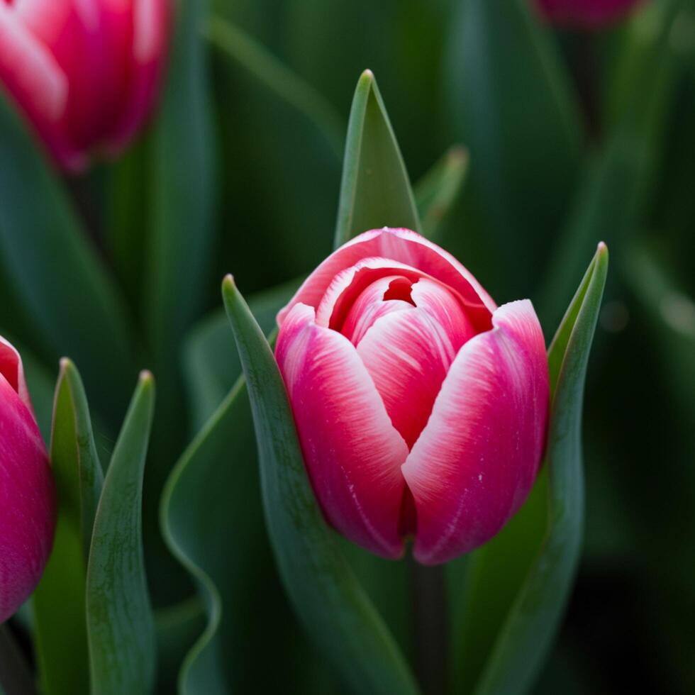 A close up of a bunch of pink tulips photo