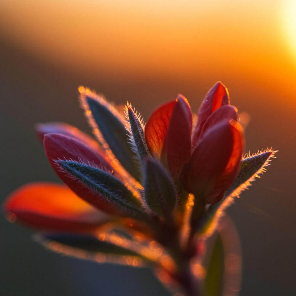 A red flower is shown in the background of a sunset photo