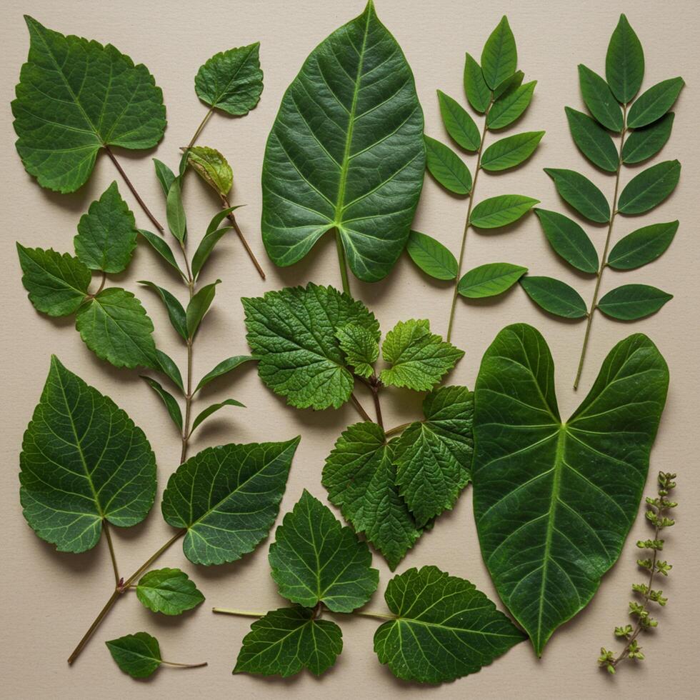 Various types of leaves arranged on a beige background photo