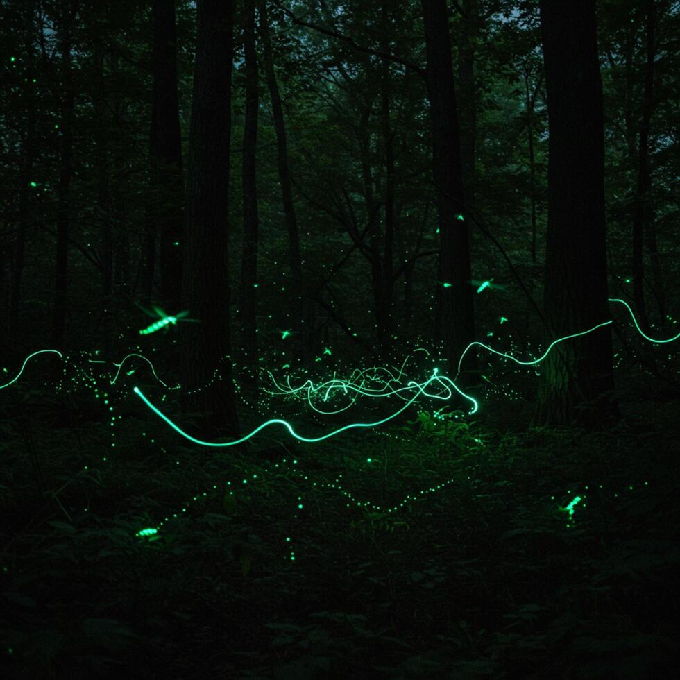 A green light trail in the woods photo