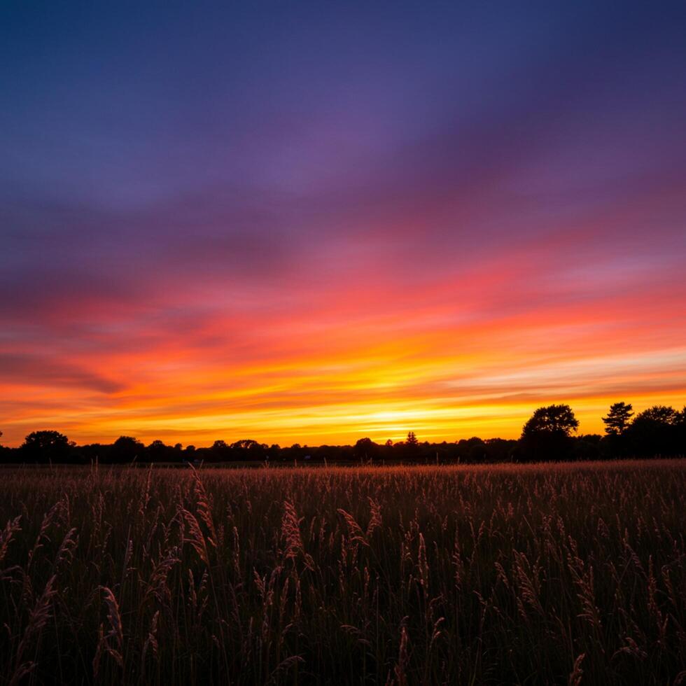 A sunset over a field with tall grass photo