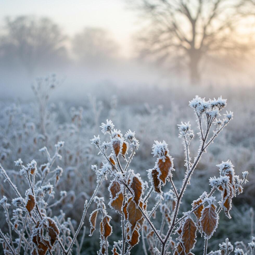 Frosty plants in a field at sunrise photo