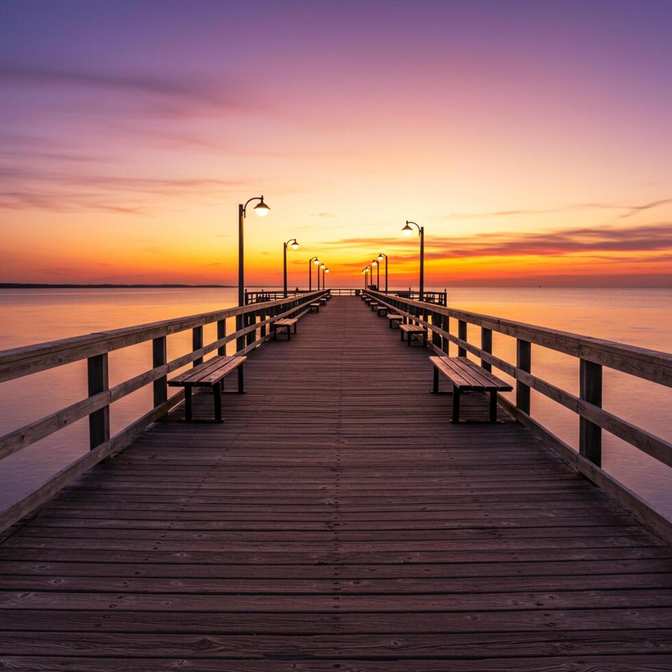 A pier with benches at sunset photo