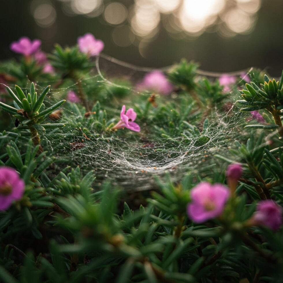 A spider web is on the ground with pink flowers photo