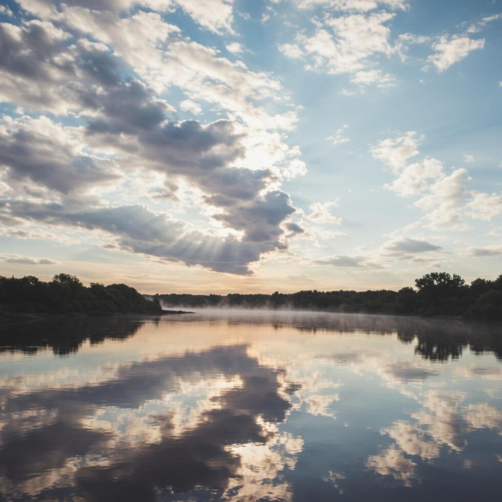 A beautiful sunset over a lake with clouds reflected in the water photo