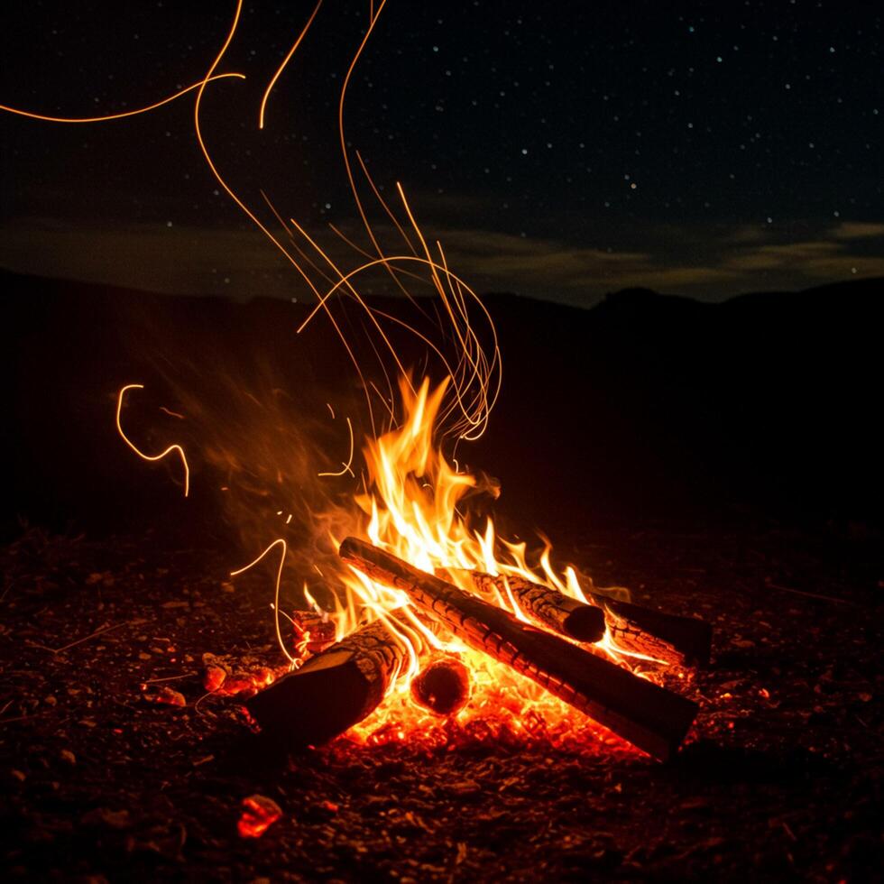 A bonfire is lit up at night with stars in the sky photo