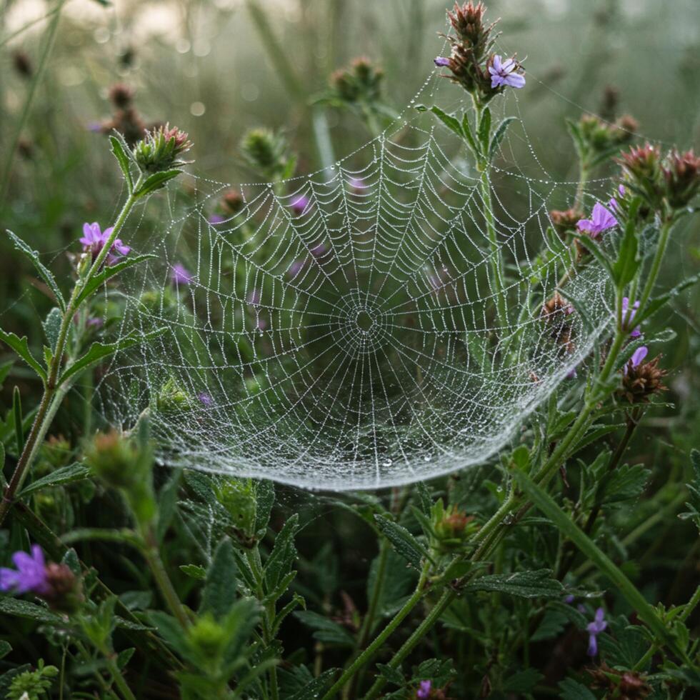 A spider web is shown in the morning light photo