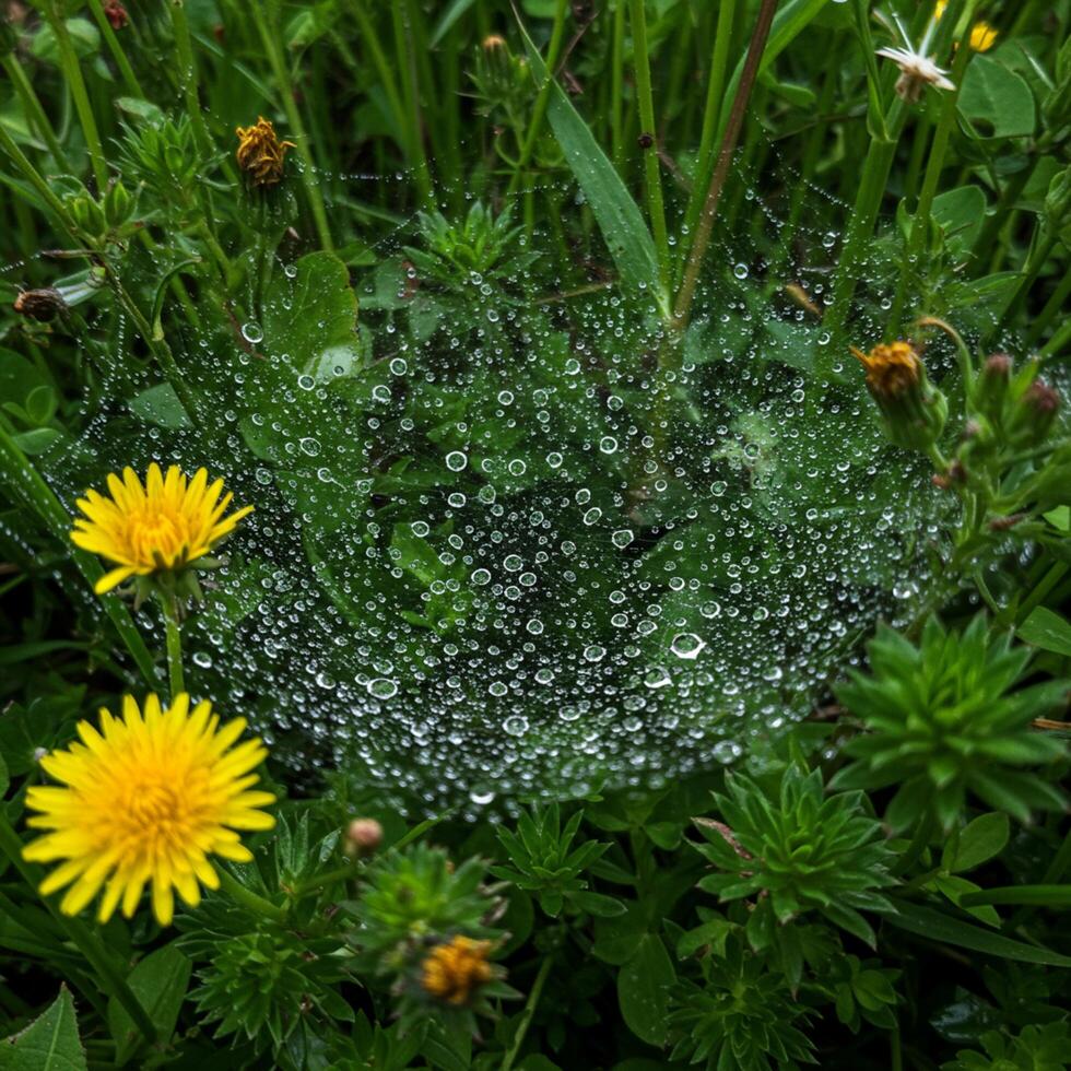 A spider web is surrounded by water droplets photo
