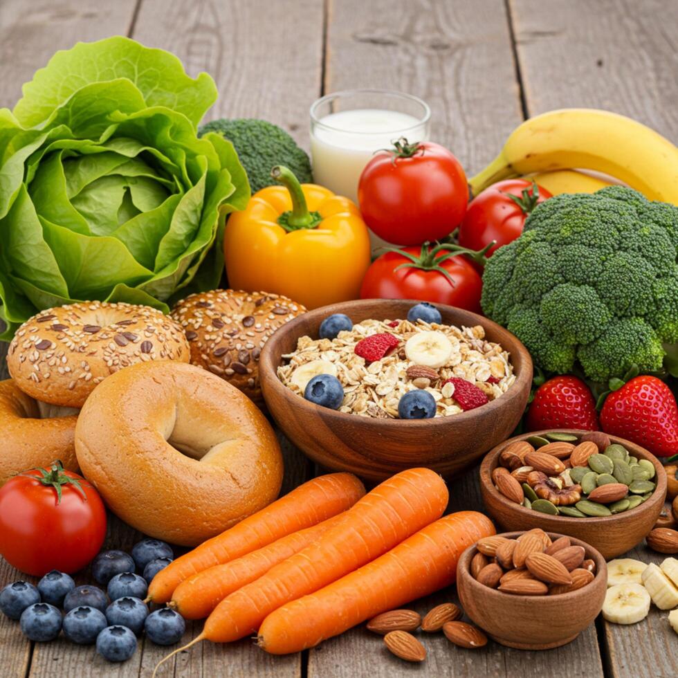 A table with a bunch of different fruits and vegetables photo