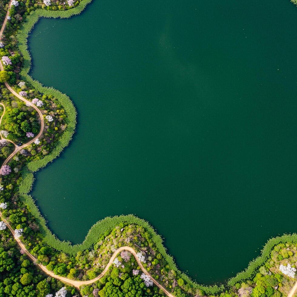 An aerial view of a lake surrounded by trees photo