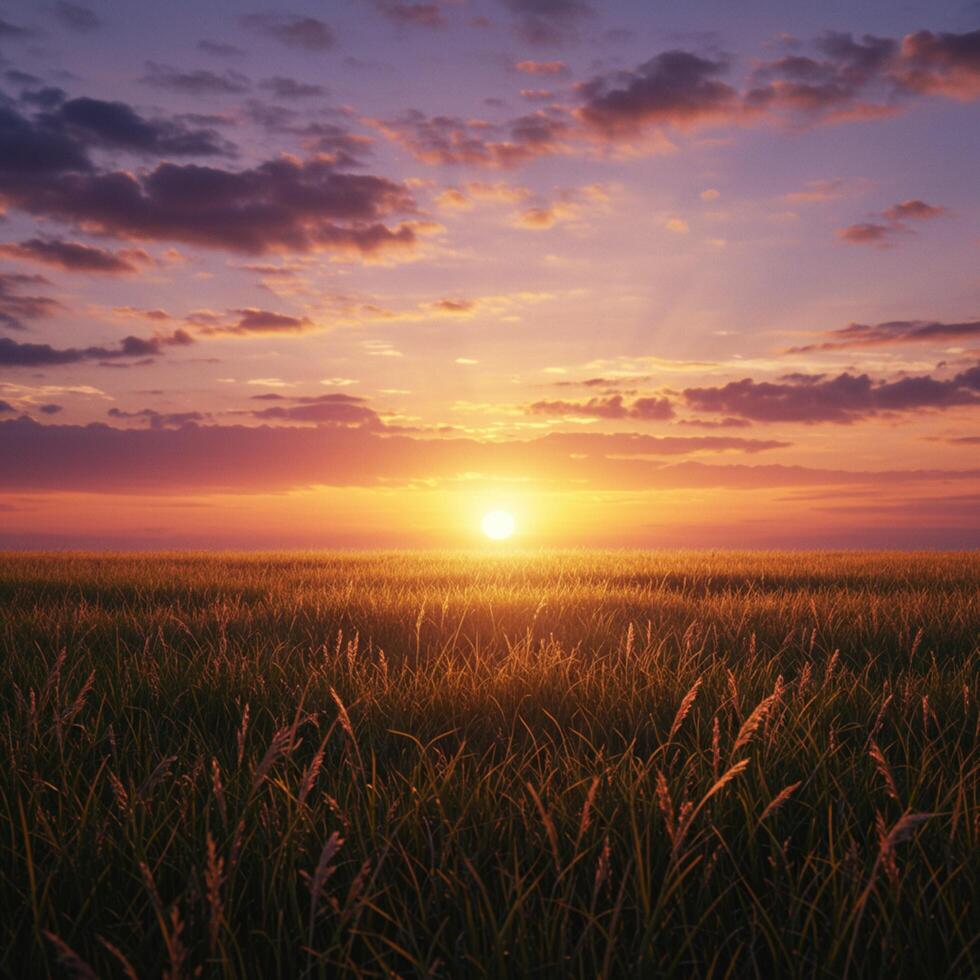 A field with grass and a sunset in the background photo