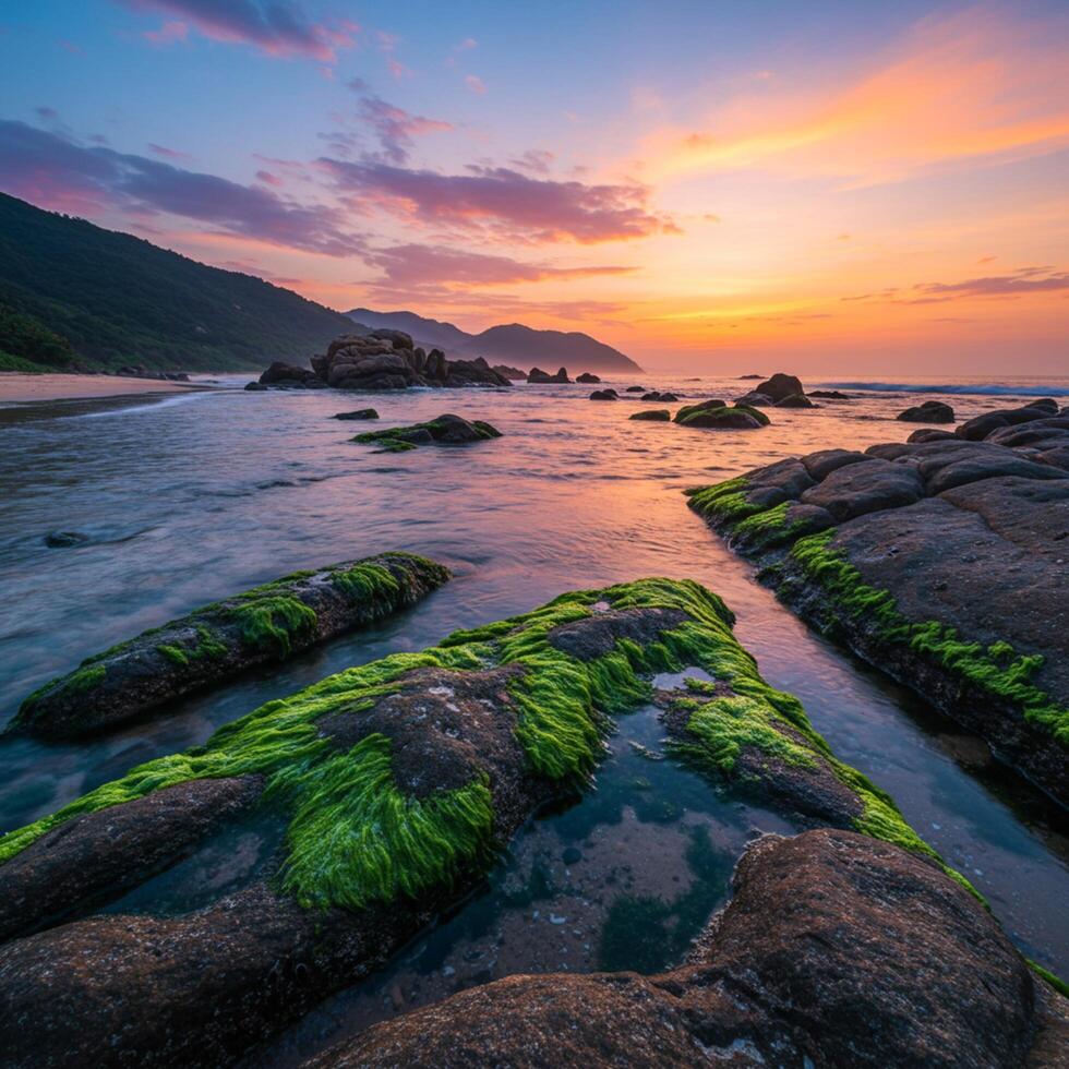 A beautiful sunset over the ocean with green algae photo