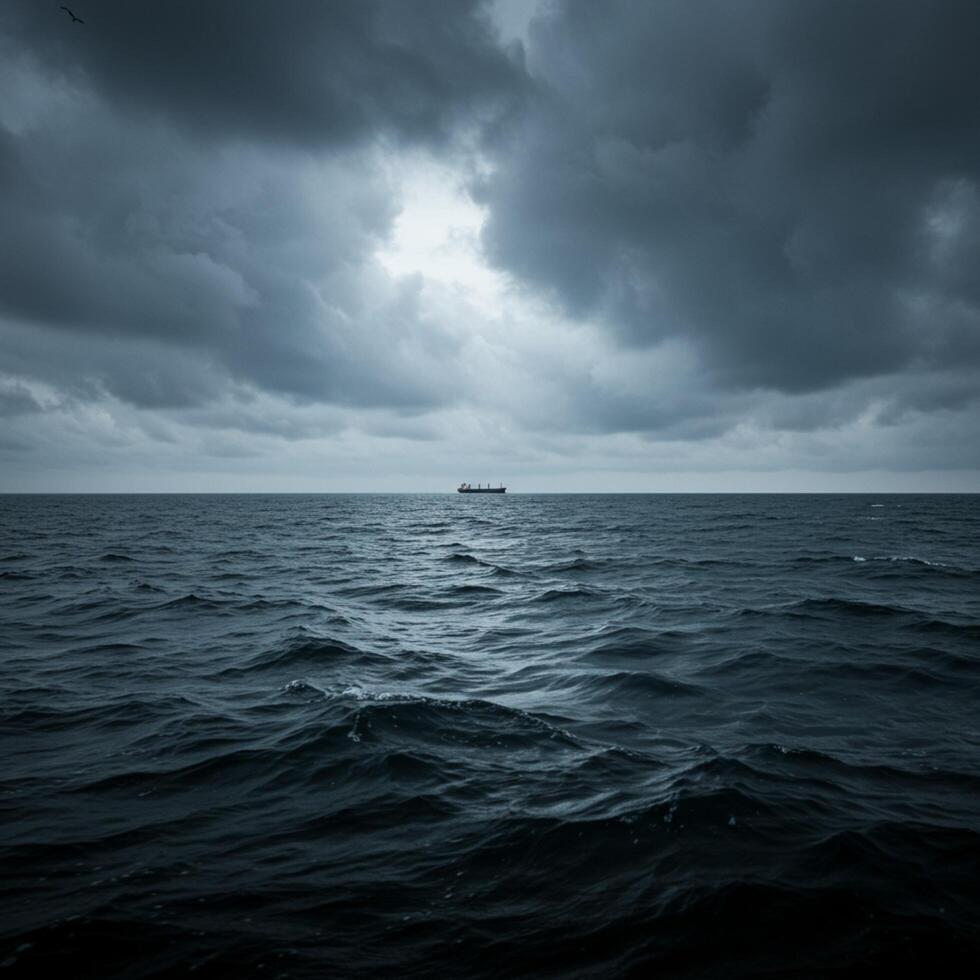 A ship is sailing in the ocean under a dark sky photo