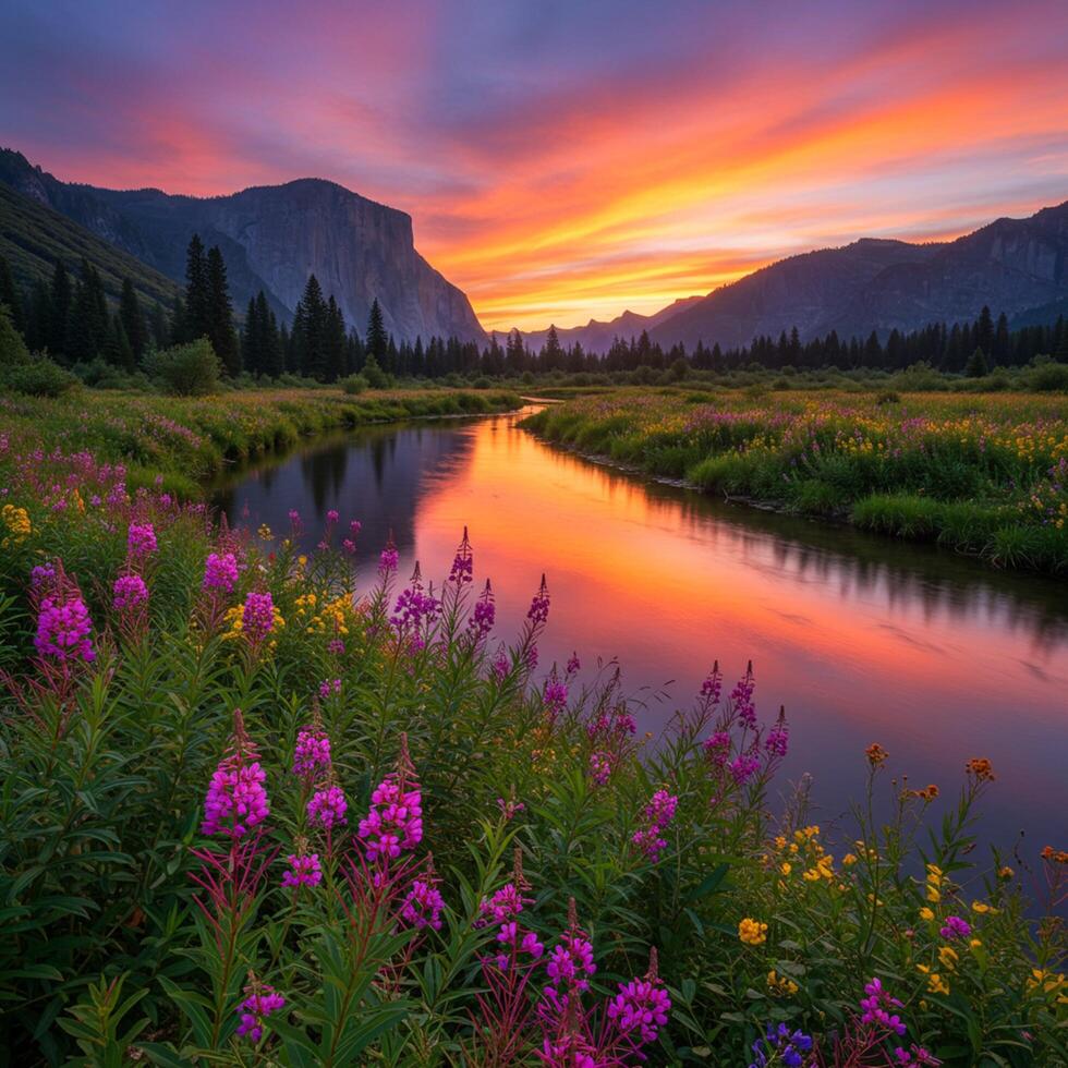 A river flows through a field of wildflowers at sunset photo