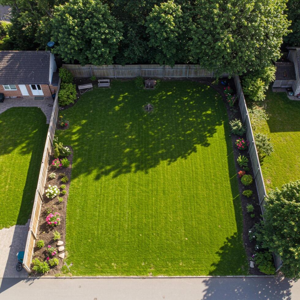A backyard with a lawn and a fence photo