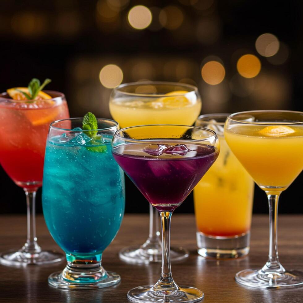 A group of colorful cocktails on a wooden table photo