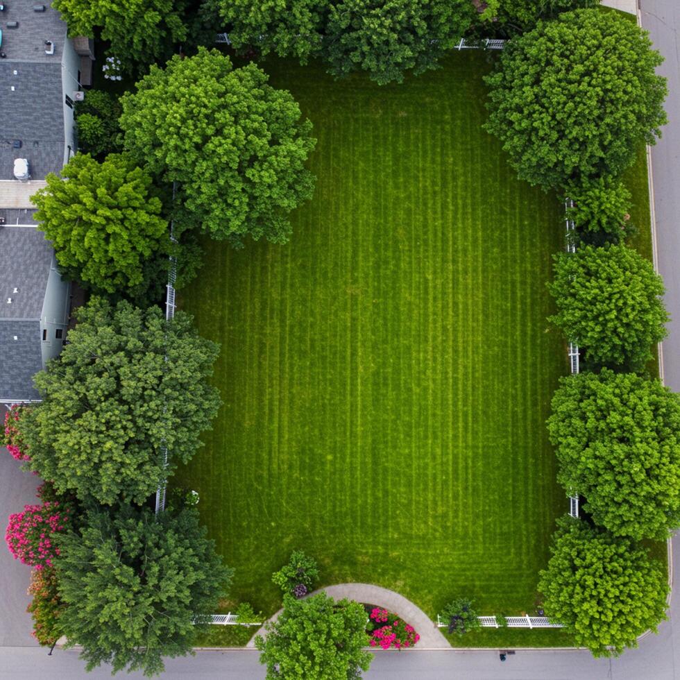 An aerial view of a green lawn and trees photo