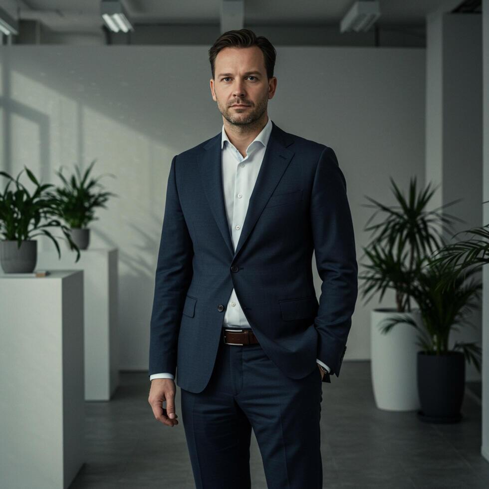 A man in a suit standing in an office photo