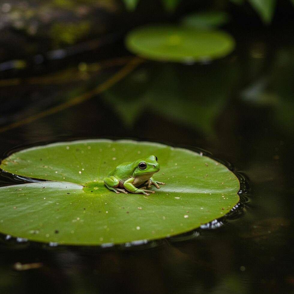 A green frog sitting on a leaf in a pond photo