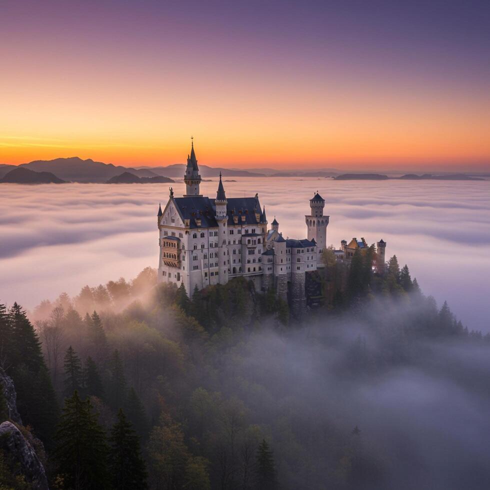Neuschwanstein castle, bavaria, germany, sunrise, fog, photo
