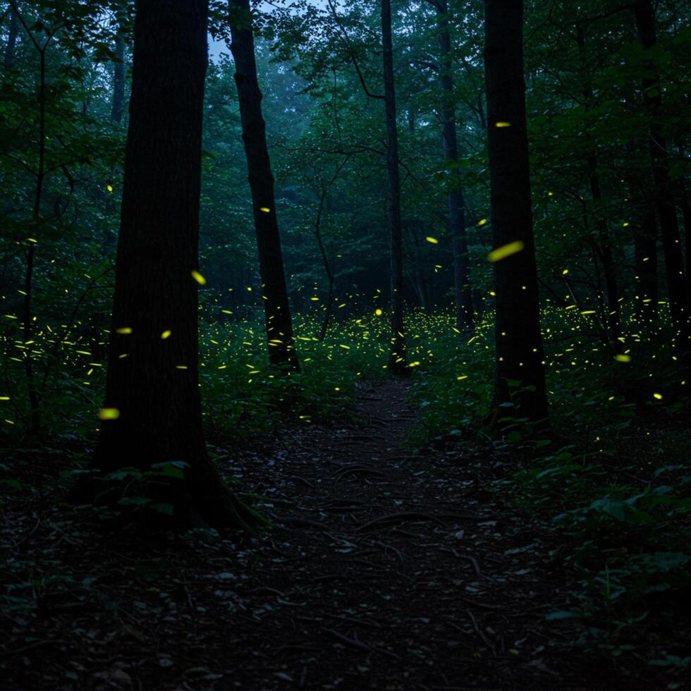 A path in the woods with many fireflies photo