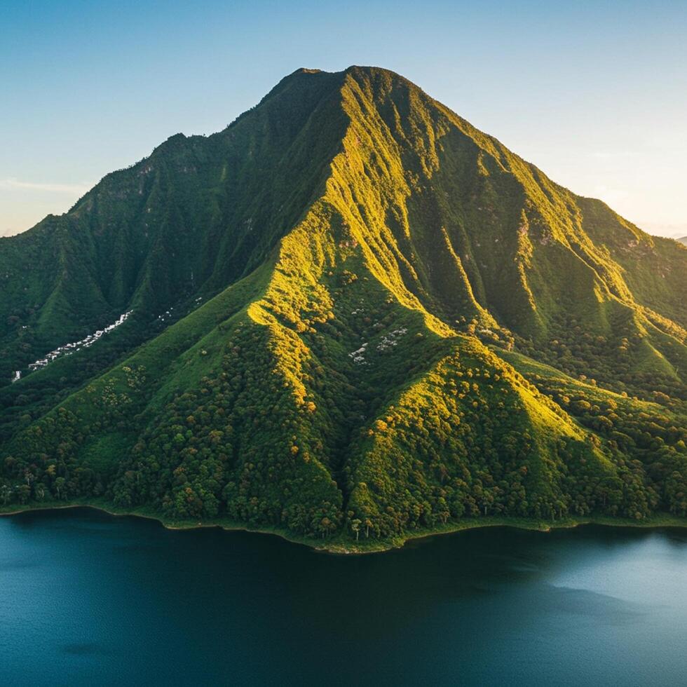 Aerial view of the mountain and lake in the morning light in the island of samoa, photo