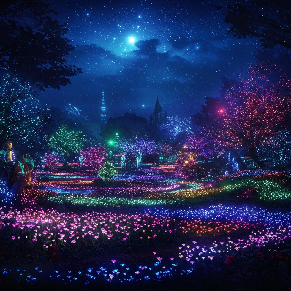 A night scene with flowers and trees photo