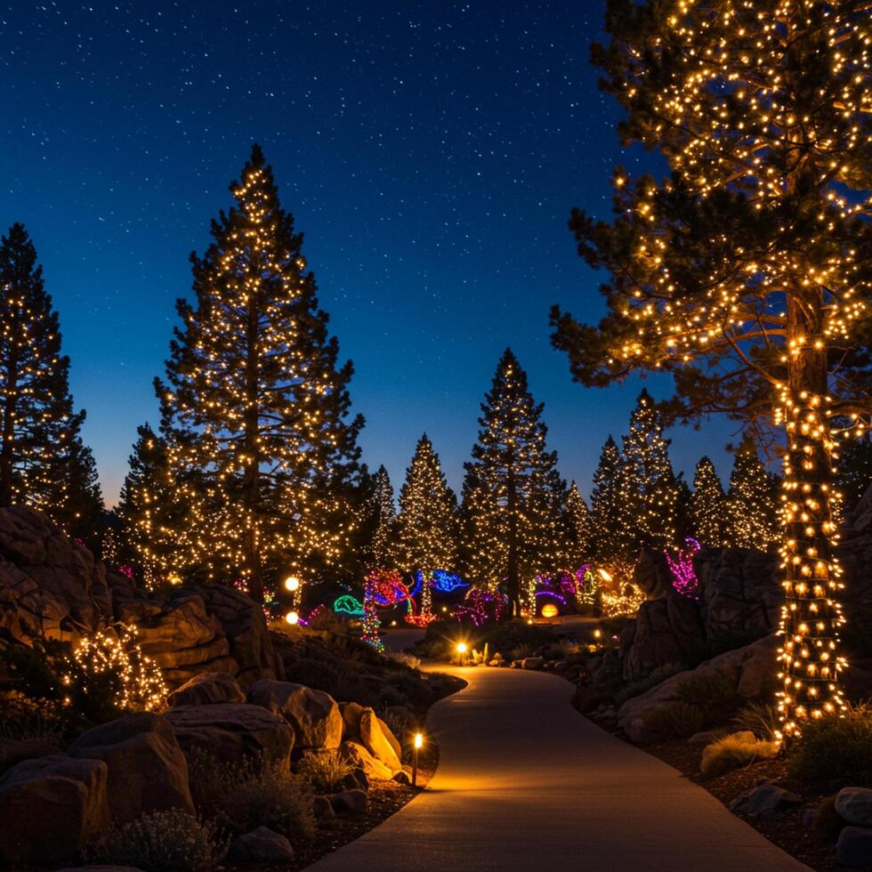 A pathway lined with trees and lights at night photo