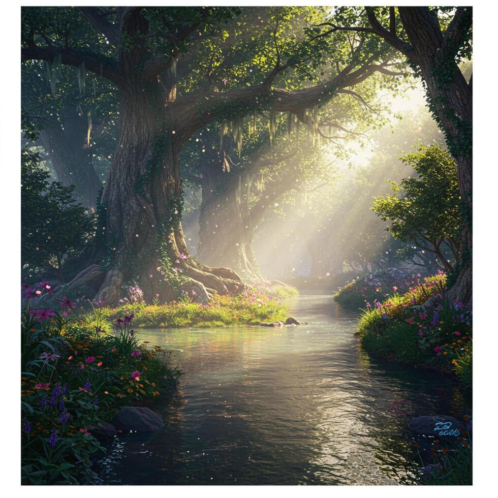 A river runs through a forest with trees and flowers photo
