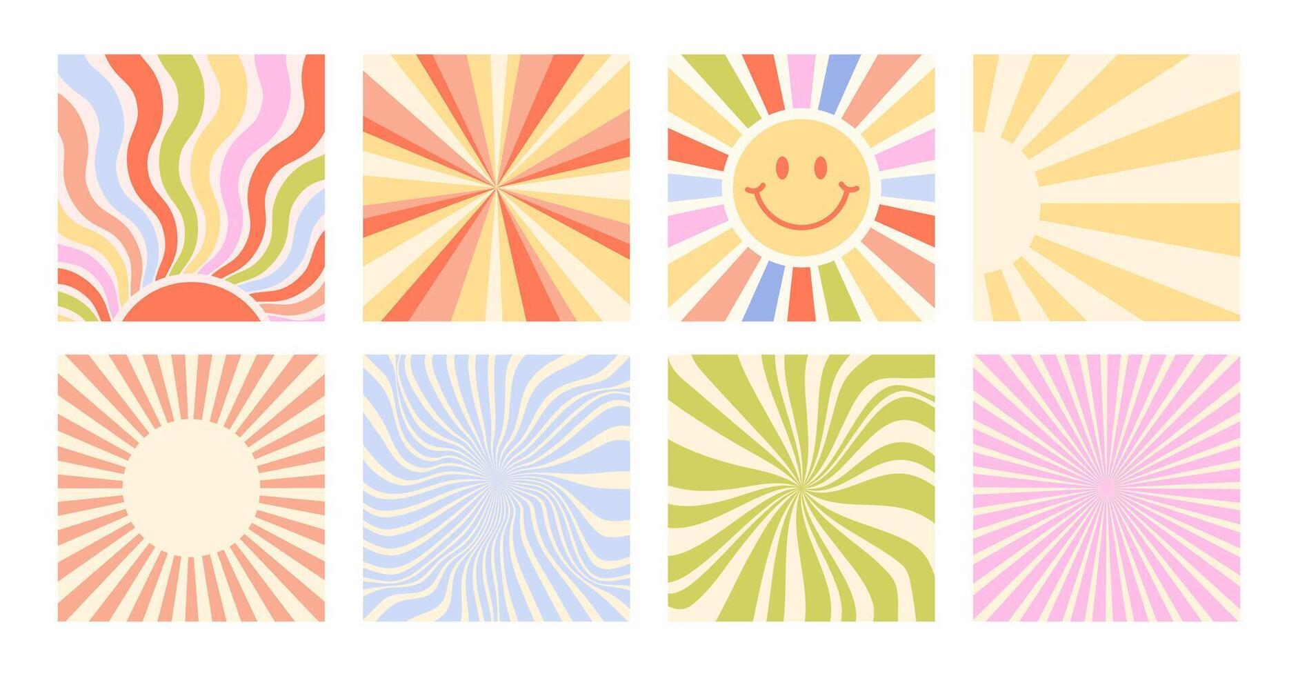 Retro backgrounds with sun rays. Curled and straight rays in the style of 70s, 80s. Set of wallpapers vector