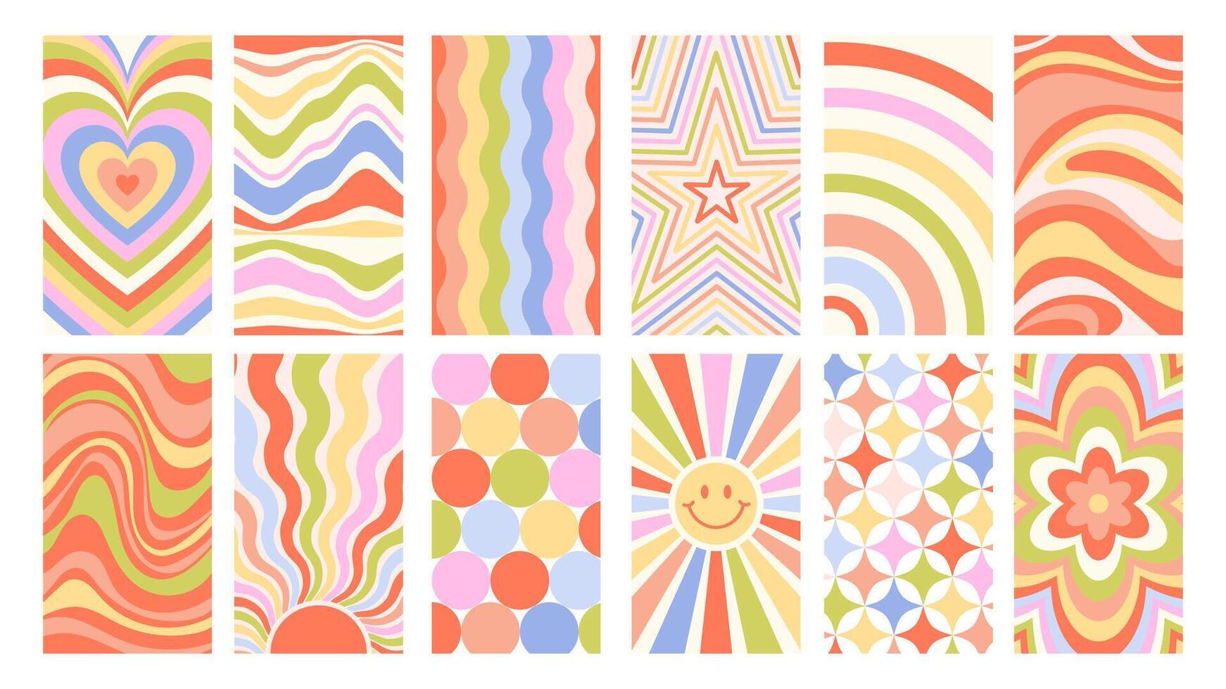 Set of rainbow vintage retro backgrounds in 80's style. Retro aesthetics of hippie, groovy. Rainbow hypnotic heart, stars, waves and stripes vector