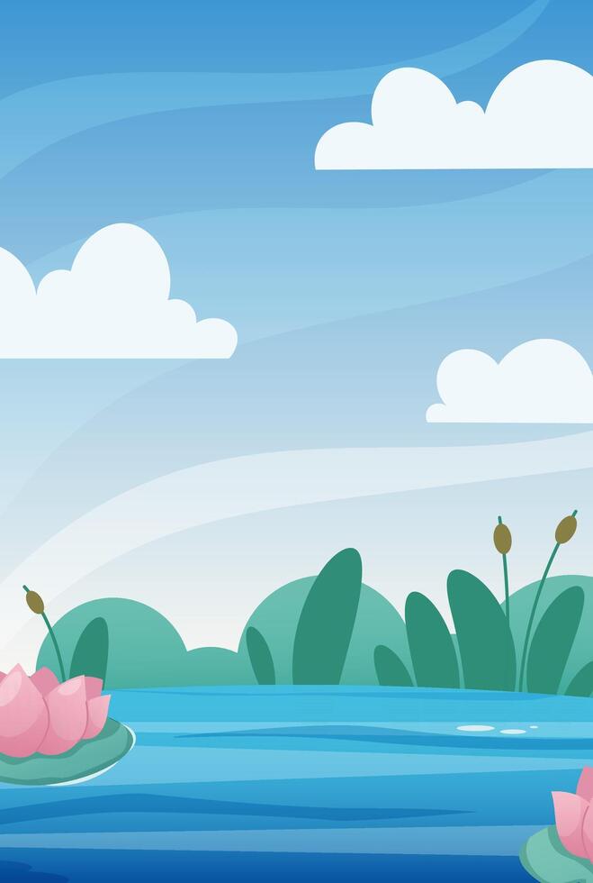 Lake background. Cartoon lake with lilies and toys for kids design. landscape of swamp, lake, water vector