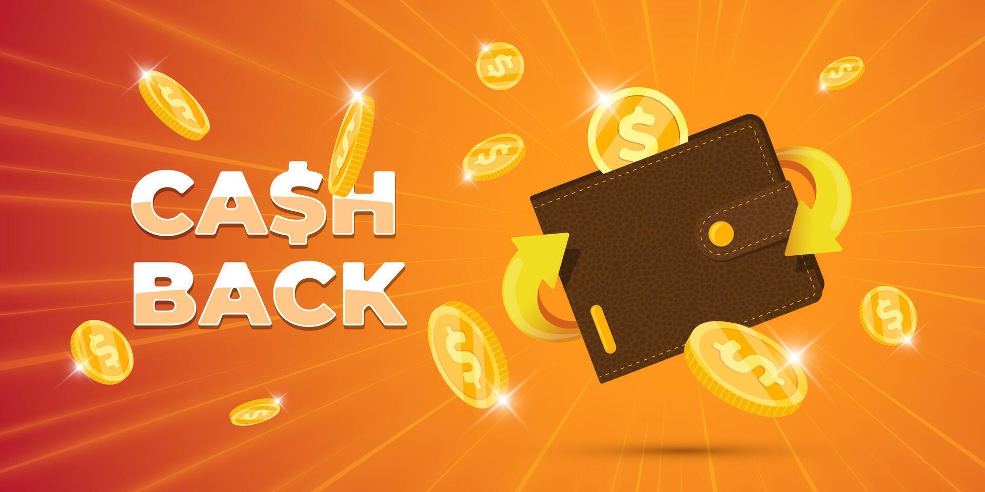 Cashback wallet banner with golden coins and arrow. illustration for promo, discount, financial rewards or online shopping offers. Perfect for marketing, banking and e-commerce ads. vector