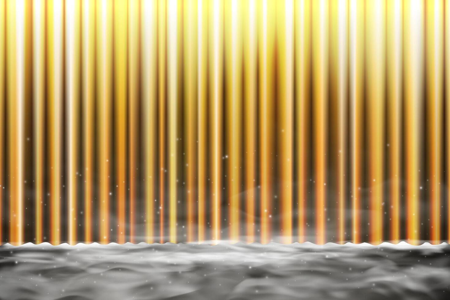 Realistic gold theater curtain illustration. Shiny silk drape with glowing light, sparkles and haze. Perfect for stage backgrounds, award ceremonies or cinematic presentations. vector
